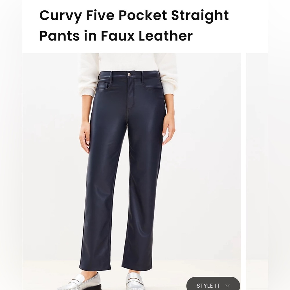 Loft Curvy Five Pocket Straight Pants in faux leather (color: black, size 6).